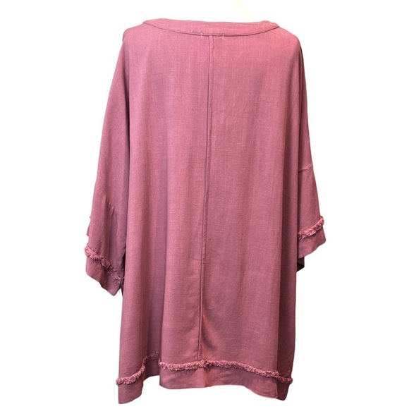 WHITE Birch Ladies Plus Size Fringe Trim Cotton /Linen Hi-Lo Hem V-Neck Top 3X - Picture 2 of 6